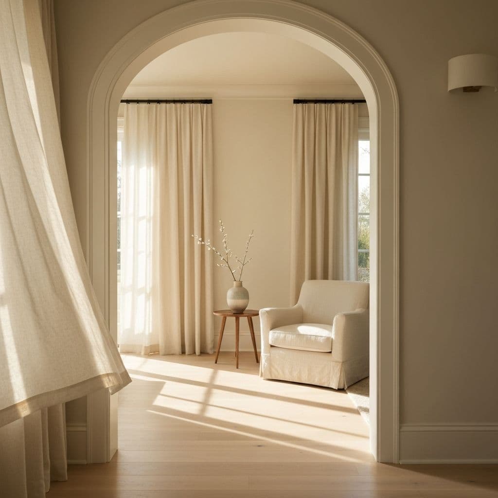 Sun-warmed sitting room of a beautifully renovated private home with a cream linen armchair and golden afternoon light