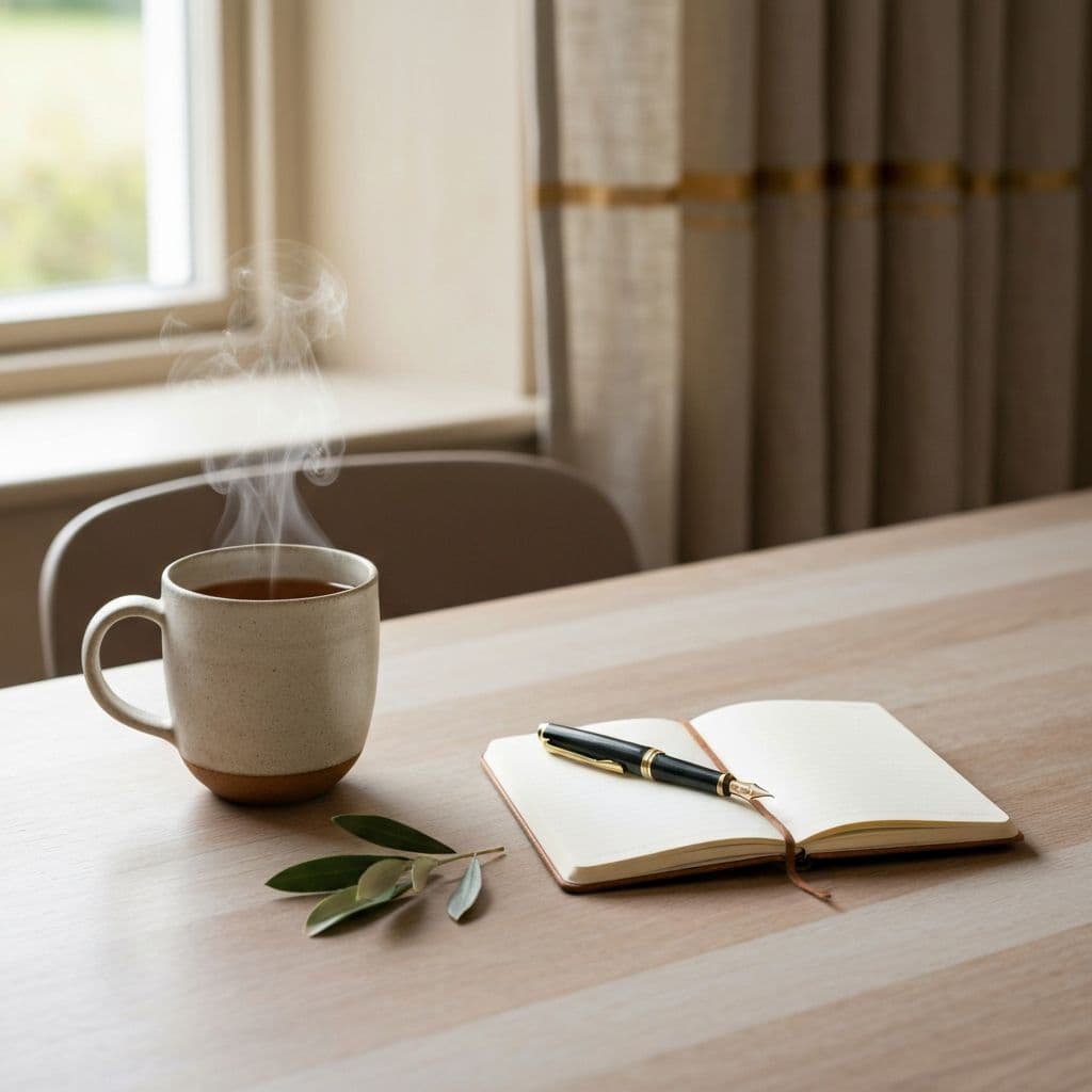 A handmade ceramic mug of warm tea and an open leather notebook on a sunlit kitchen table