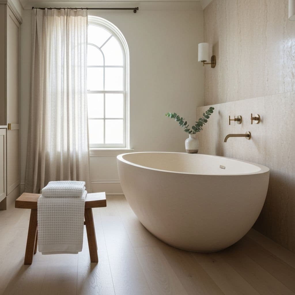 Spa-style bathroom with a freestanding stone soaking tub and brass fixtures