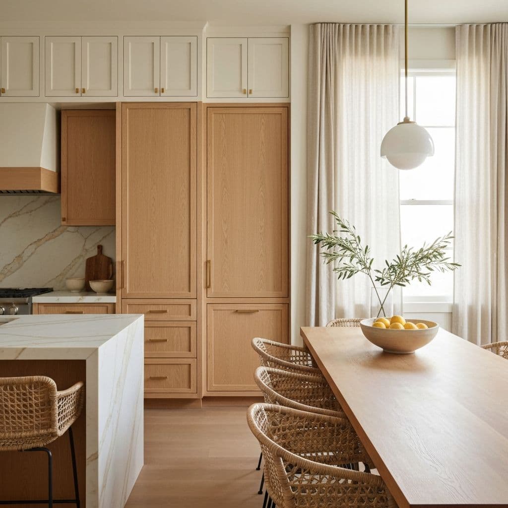 Open kitchen with oak cabinetry, marble counters, and a long dining table
