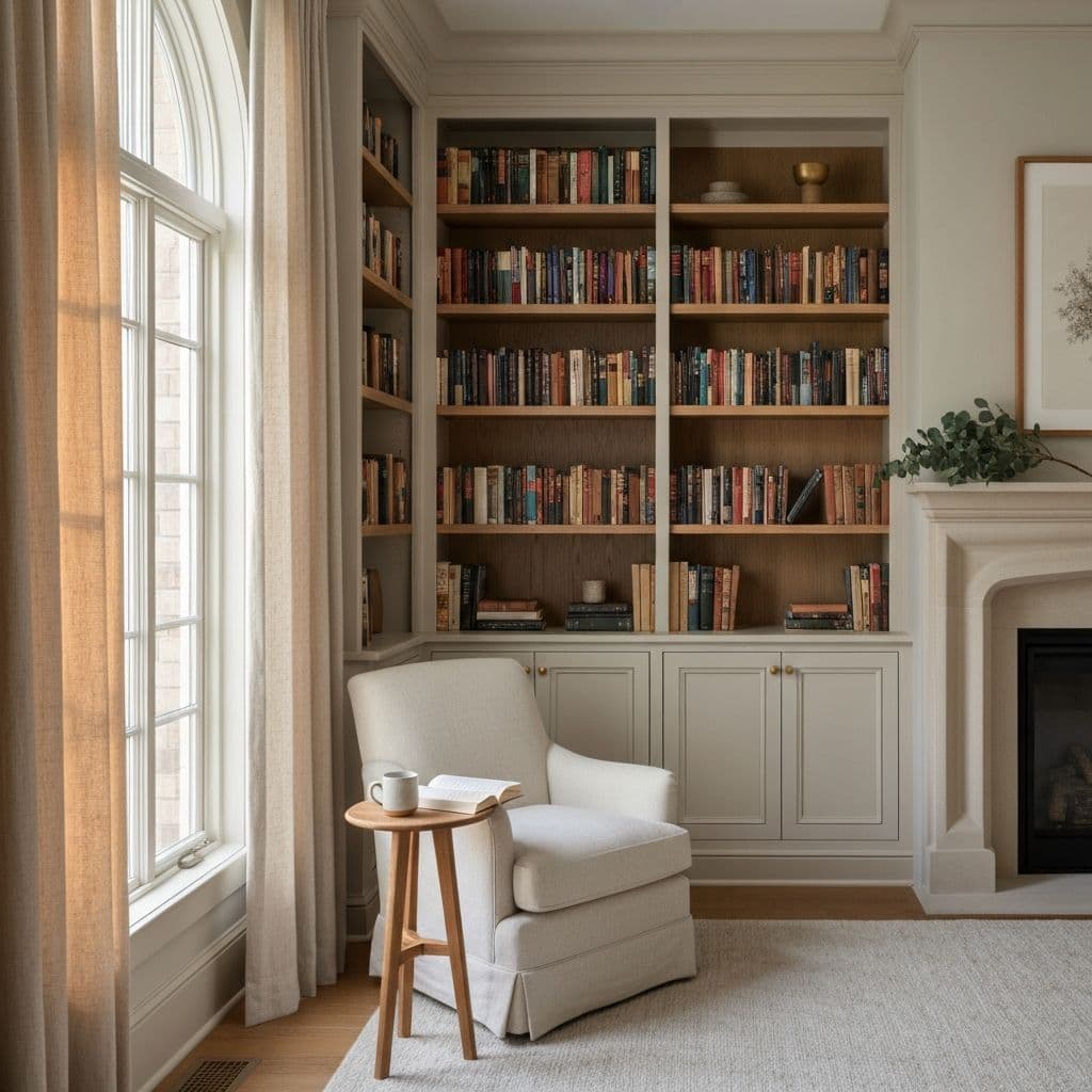 Library and reading nook with built-in oak shelves and a stone fireplace
