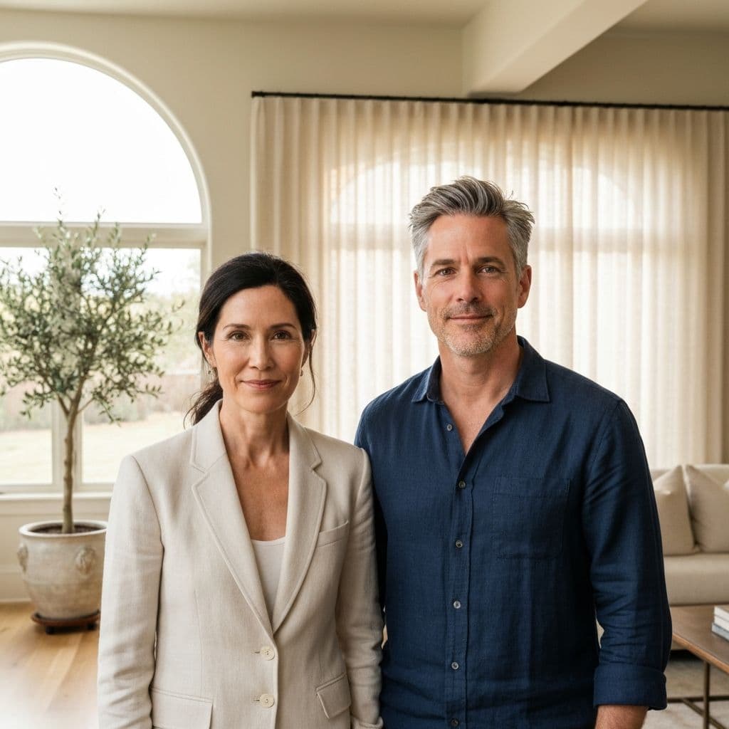 Two warm, accomplished clinicians — co-founders Dr. Eleanor Reyes and Dr. Marcus Hale — standing in the sunlit living room of the practice