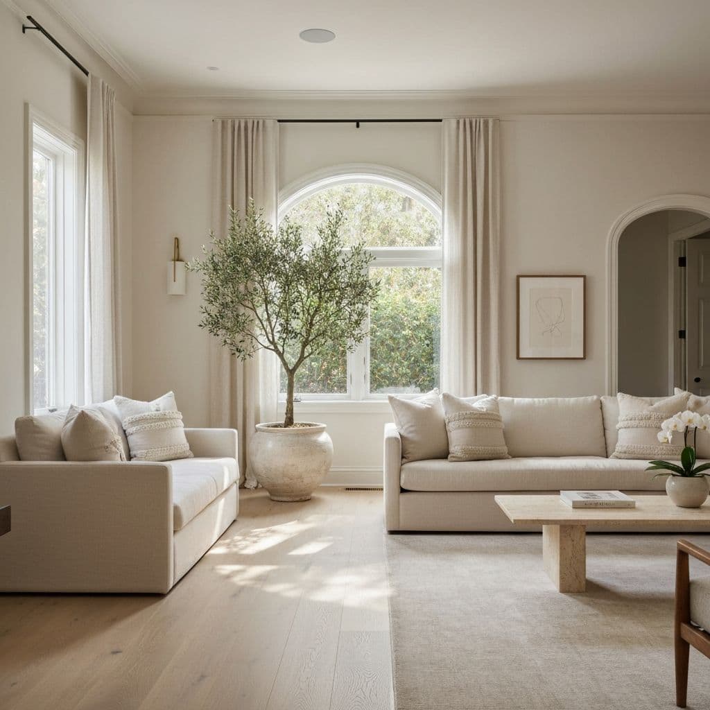 Sunlit living room of a beautifully renovated private residence with cream linen sofas