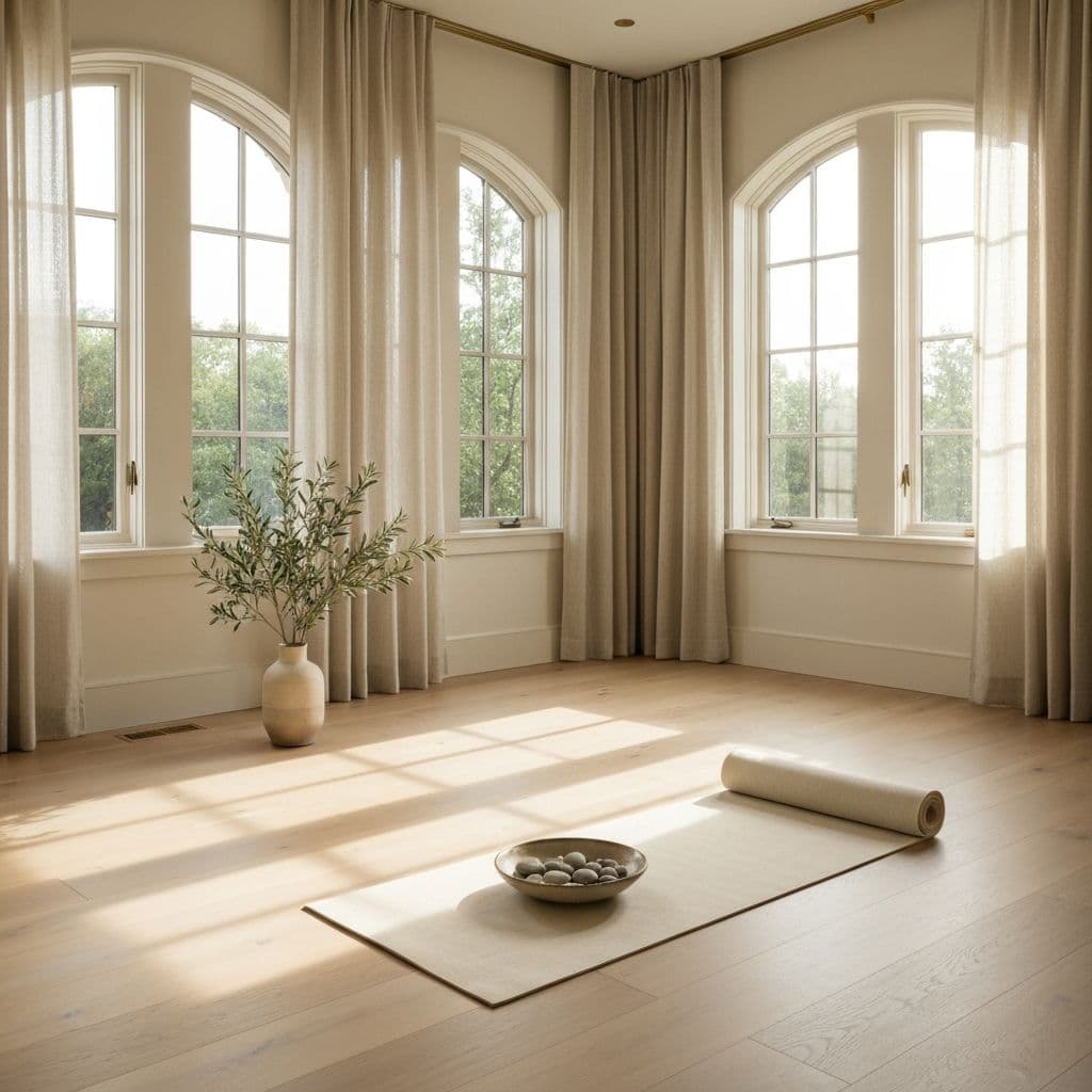 Serene yoga and meditation room in a renovated private home with sunlight pooling across white oak floors