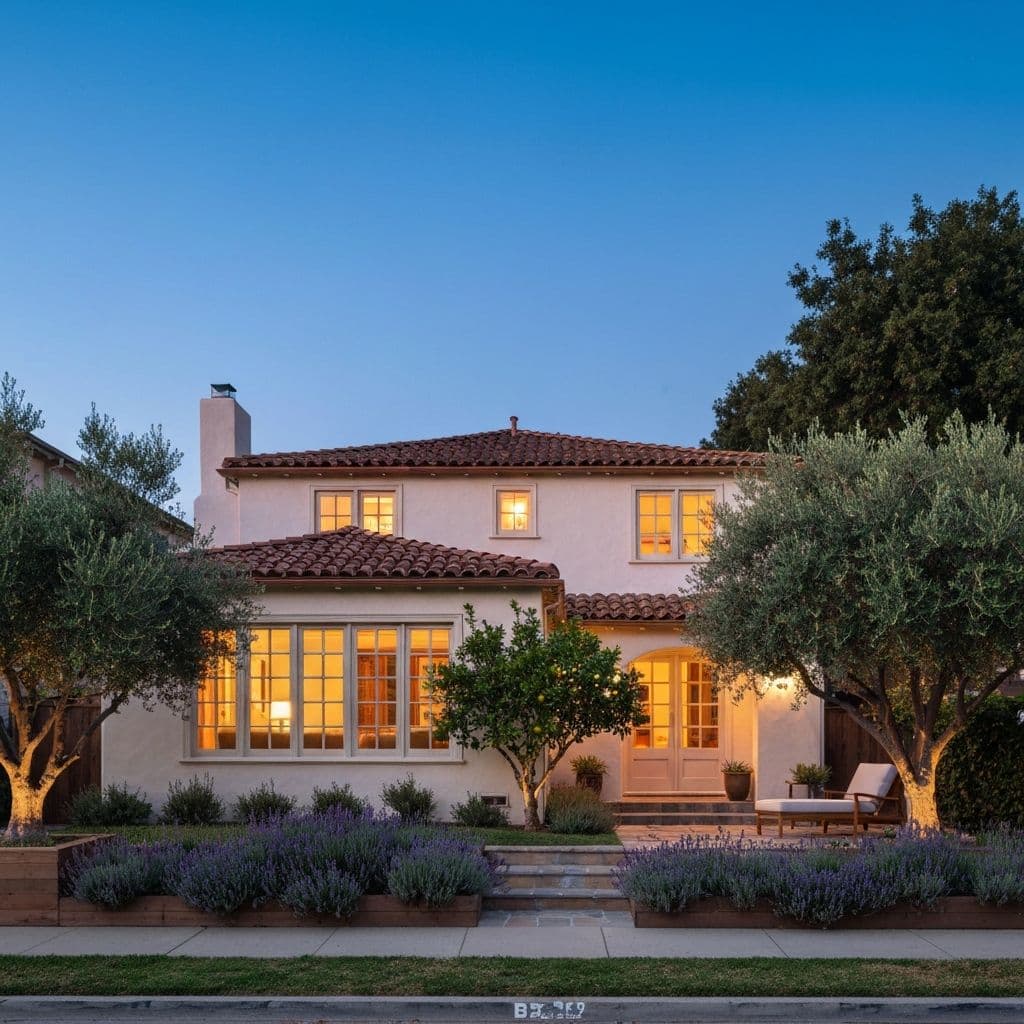 Twilight exterior of the practice — a private Los Angeles residence with warm window light and a small garden patio
