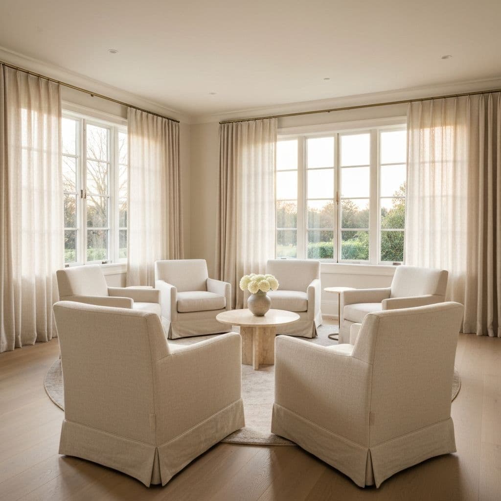 Quiet group therapy room in a renovated private home, with cream linen chairs in a circle