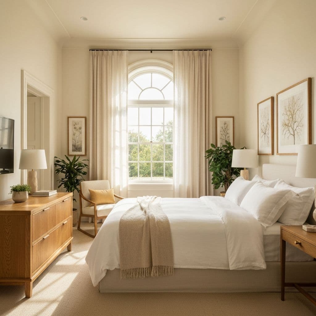 Private guest suite with white linens and a sunlit arched window