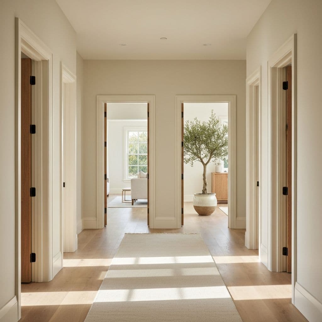 Sunlit hallway with arched doorways opening into bright calm rooms in a beautifully renovated private home