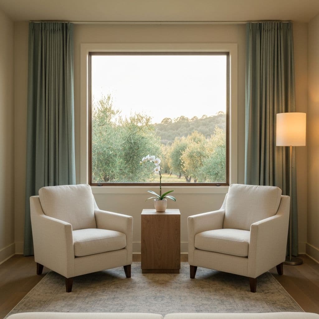 A calm therapy consultation room with cream linen chairs and an oak side table